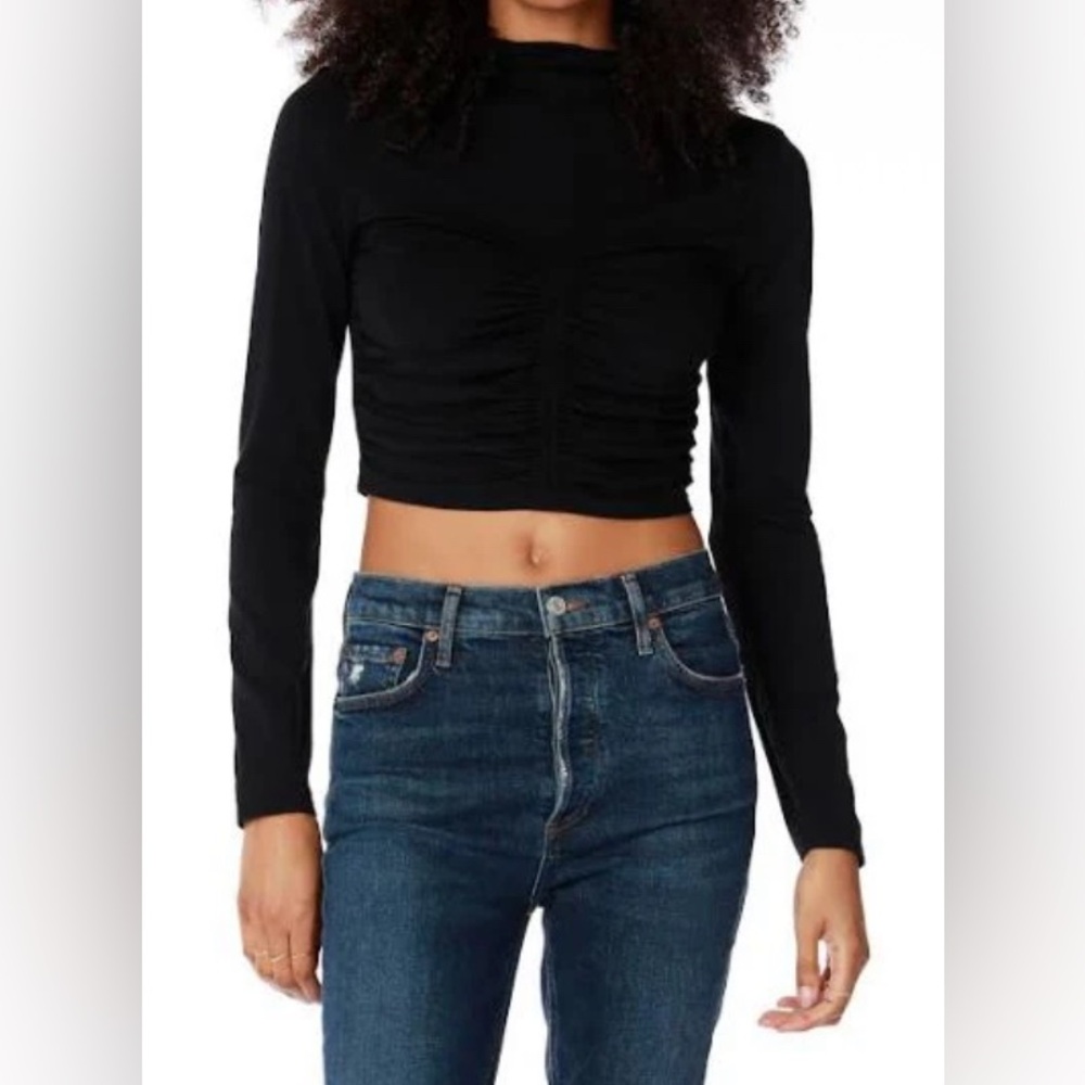 Bobi Cropped Center Shirred Mock Neck Top - NWT - Size L Black Long Sleeve